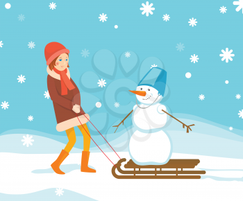 Girl and snowman on the sled