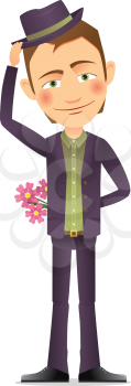 Young man in hat with a  bouquet of flowers
