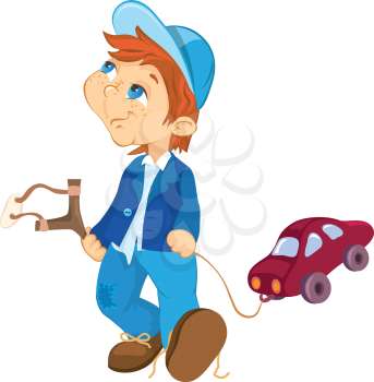 Naughty boy and toy car. Cartoon illustration.