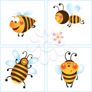 Funny bee and flower in frame. Cartoon illustration