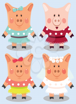 Set of funny cartoon female pigs