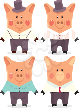 Set of funny cartoon pigs. Masculine