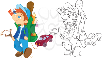 Naughty boy and toy car. Color and outline illustration.