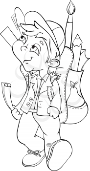Boy with backpack goes to school. Outline illustration