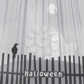 Halloween background with ravens on fence and ghost