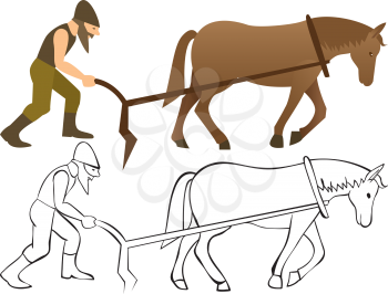Plowman and horse with plow - color and outline illustration