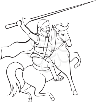 Knight with lance on horseback - outline illustration