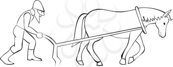 Plowman and horse with plow - outline illustration