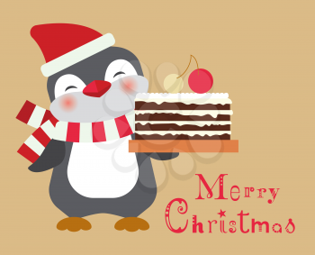Merry Christmas penguin with cake - greeting card
