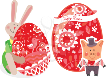 Easter eggs with pig and rabbit - illustrations for Easter greeting card