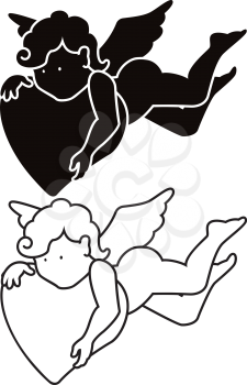 Cartoon angel - isolated funny cupid with heart. 
Silhouette and outline Valentine's day or wedding illustrations