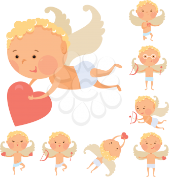 Cupid angels icons set - little boy with a bow and arrows