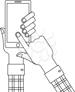 Hands holding smartphone and touching blank screen. Outline vector illustration.