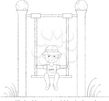Kids activities outline illustration - boy on the swing