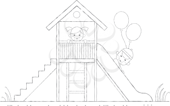 Kids activities outline illustration - children are played on a slide