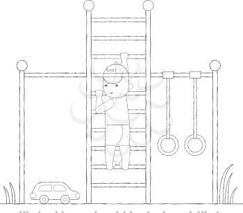 Kids activities outline illustration - boy playing in the playground on the stairs