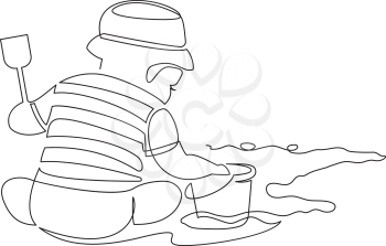 Little child is playing in the sand on the beach in one line style, vector illustration