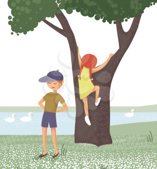 Children playing on lawn with trees. Vector illustration