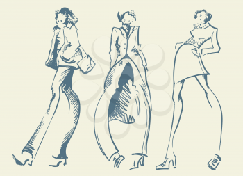 Fashion designer sketch. Models on the podium - vector illustration