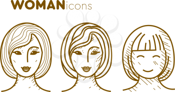 Set of woman face icons in pencil drawing style. Vector illustration