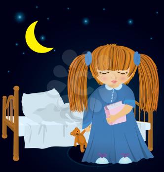 Royalty Free Clipart Image of a Little Girl at Bed
