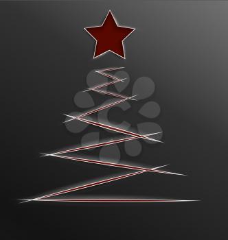 Vector illustration of red Christmas tree and star made of paper cut lines with realistic shadow.