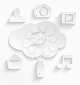 Vector illustration of white cloud computing icons with realistic shadow.