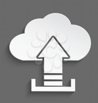Vector illustration of white 3d cloud and arrow upload realistic shadow.