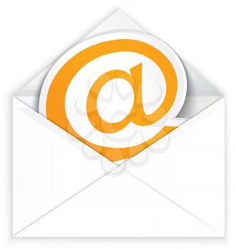 Vector illustration of white realistic envelope with at e mail symbol.