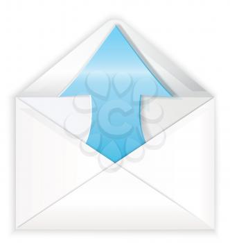 Vector illustration of white realistic envelope with blue shiny arrow coming out symbol.