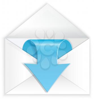 Vector illustration of white realistic envelope with blue shiny arrow coming symbol.