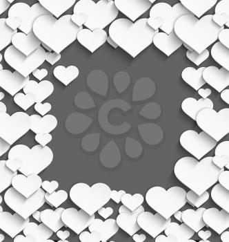 Vector illustration of 3d white plastic heart frame with realistic shadow on dark gray background.