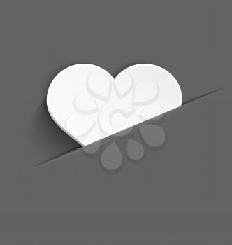 Vector illustration of 3d white plastic heart with realistic shadow in paper cut pocket..