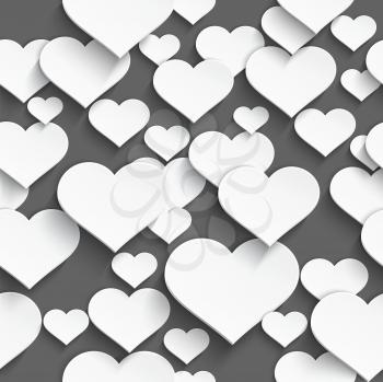 Vector illustration of 3d white plastic heart with realistic shadow seamless background.