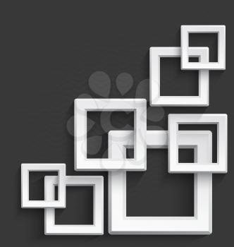 Illustration of white 3d square frames overlapping with realistic long shadow on dark gray background