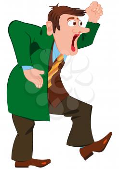 Illustration of cartoon male character isolated on white. Cartoon man in green coat screaming.





