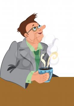 Illustration of cartoon male character isolated on white. Retro hipster man drinking coffee with smile on his face.




