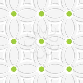 Abstract 3d seamless background. Geometric white pattern with green dots and cut out of paper effect.


