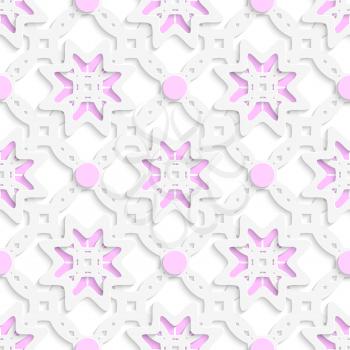 Abstract 3d geometrical seamless background. White perforated ornament layered with pink dots and cut out of paper effect.

