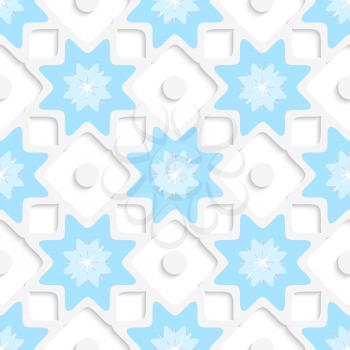 Abstract 3d seamless background. White snowflakes and dots with blue top and out of paper effect.

