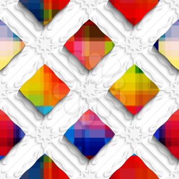 Abstract 3d geometrical seamless background. Rainbow colored rectangles on white ornament with cut out of paper effect.
