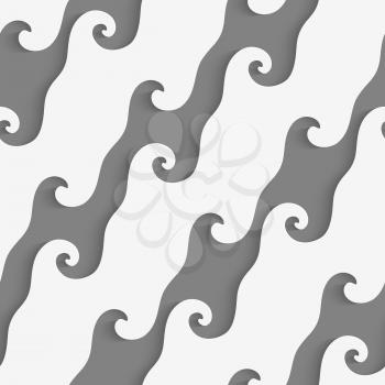 Abstract 3d geometrical seamless background. White curved diagonal lines on gray pattern with cut out of paper effect.

