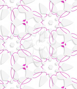 Abstract 3d seamless background. White  geometrical floristic with purple layering pattern with cut out of paper effect.