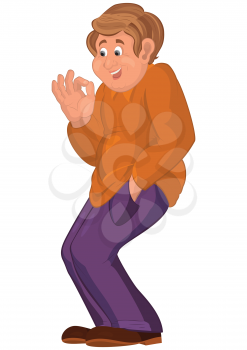 Illustration of cartoon male character isolated on white. Cartoon happy man in orange polo.




