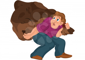 Illustration of cartoon male character isolated on white. Cartoon man in purple top carries huge bag.
