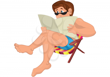 Illustration of cartoon male character isolated on white. Cartoon man in sunglasses sitting in the beach chair.




