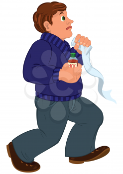 Illustration of cartoon male character isolated on white. Cartoon man with brown hair in blue sweater with first aid.
