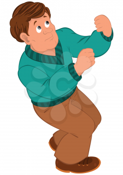 Illustration of cartoon male character isolated on white. Cartoon man with brown hair in green sweater.




