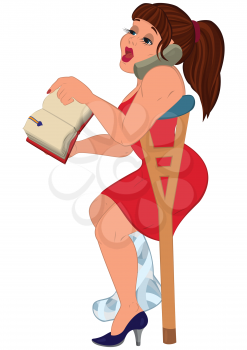 Illustration of cartoon female character isolated on white. Cartoon woman in red dress injured talking on the phone and holding book.




