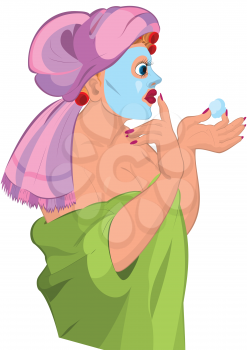 Illustration of cartoon female character isolated on white. Cartoon young woman in robe and blue spa face mask.




